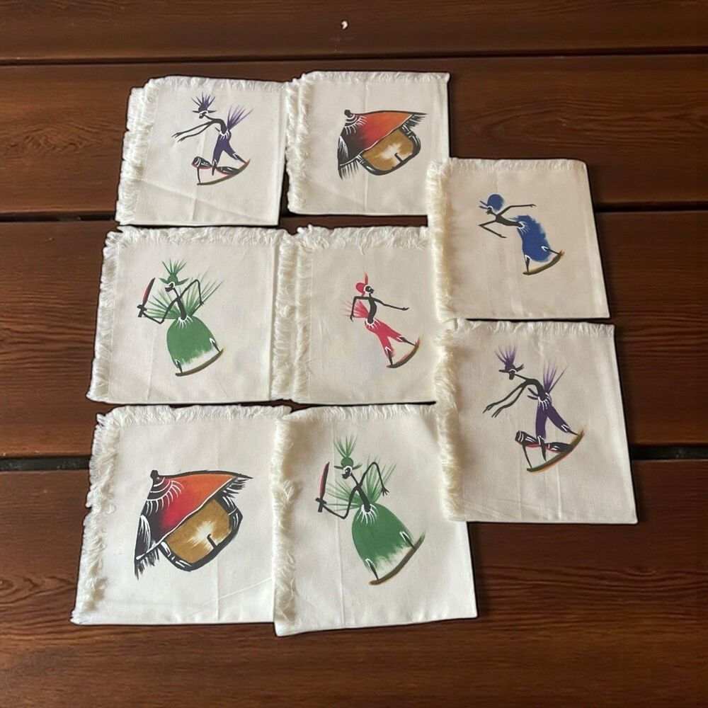 VTG African Inspired Hand Painted Cloth Napkins Set Of 8 13”x 28” Fringed